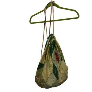 Vintage Bark Cloth Spring Green Red Leaf Print Cinch top Duffel bag